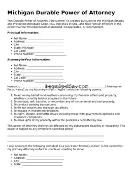 Printable Michigan Durable Power of Attorney Form