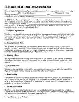 Printable Michigan Hold Harmless Agreement Form