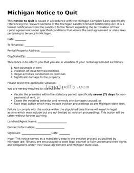 Printable Michigan Notice to Quit Form