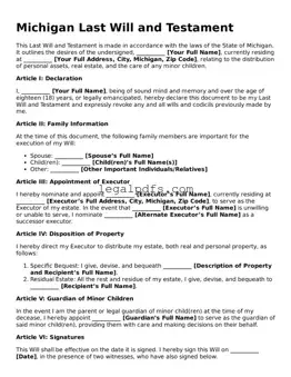 Printable Michigan Last Will and Testament Form