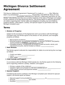 Printable Michigan Divorce Settlement Agreement Form