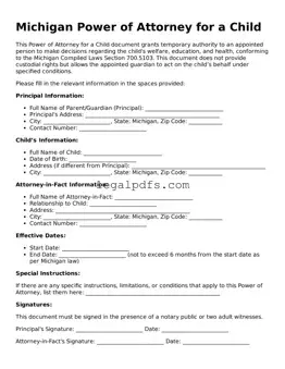 Printable Michigan Power of Attorney for a Child Form