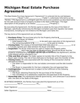 Printable Michigan Real Estate Purchase Agreement Form