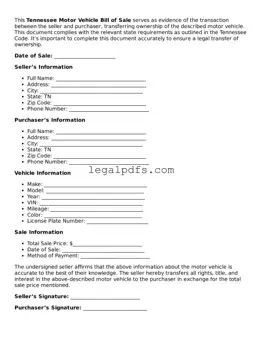 Printable Tennessee Motor Vehicle Bill of Sale Form