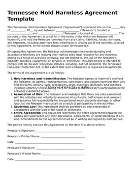 Printable Tennessee Hold Harmless Agreement Form