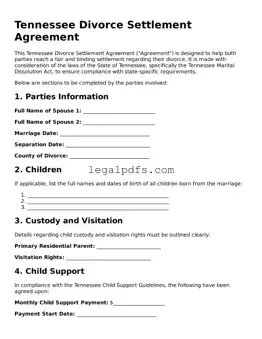 Printable Tennessee Divorce Settlement Agreement Form