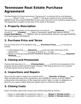 Printable Tennessee Real Estate Purchase Agreement Form