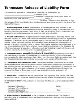 Printable Tennessee Release of Liability Form