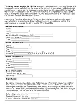Printable Texas Motor Vehicle Bill of Sale Form