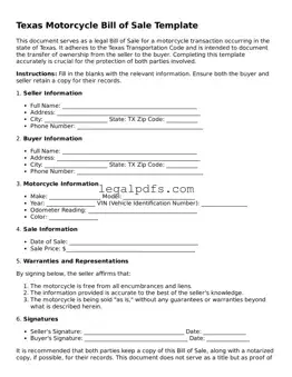 Printable Texas Motorcycle Bill of Sale Form
