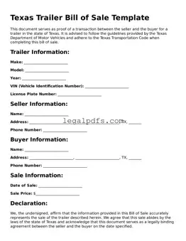 Printable Texas Trailer Bill of Sale Form