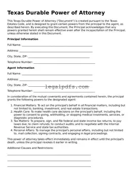 Printable Texas Durable Power of Attorney Form