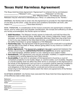 Printable Texas Hold Harmless Agreement Form