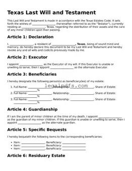 Printable Texas Last Will and Testament Form