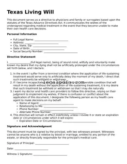 Printable Texas Living Will Form