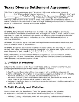 Printable Texas Divorce Settlement Agreement Form