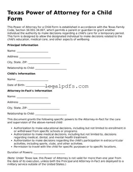 Printable Texas Power of Attorney for a Child Form