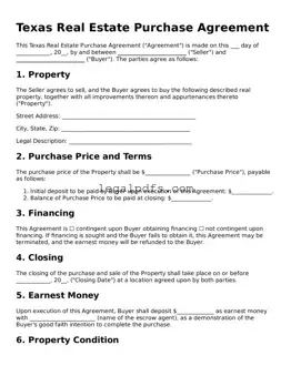 Printable Texas Real Estate Purchase Agreement Form
