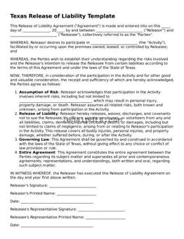 Printable Texas Release of Liability Form