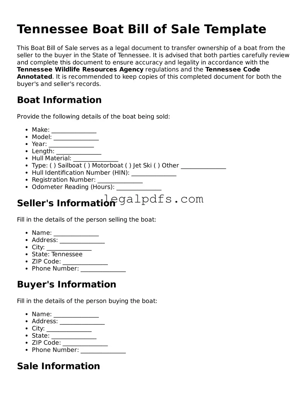 Printable Tennessee Boat Bill of Sale Form