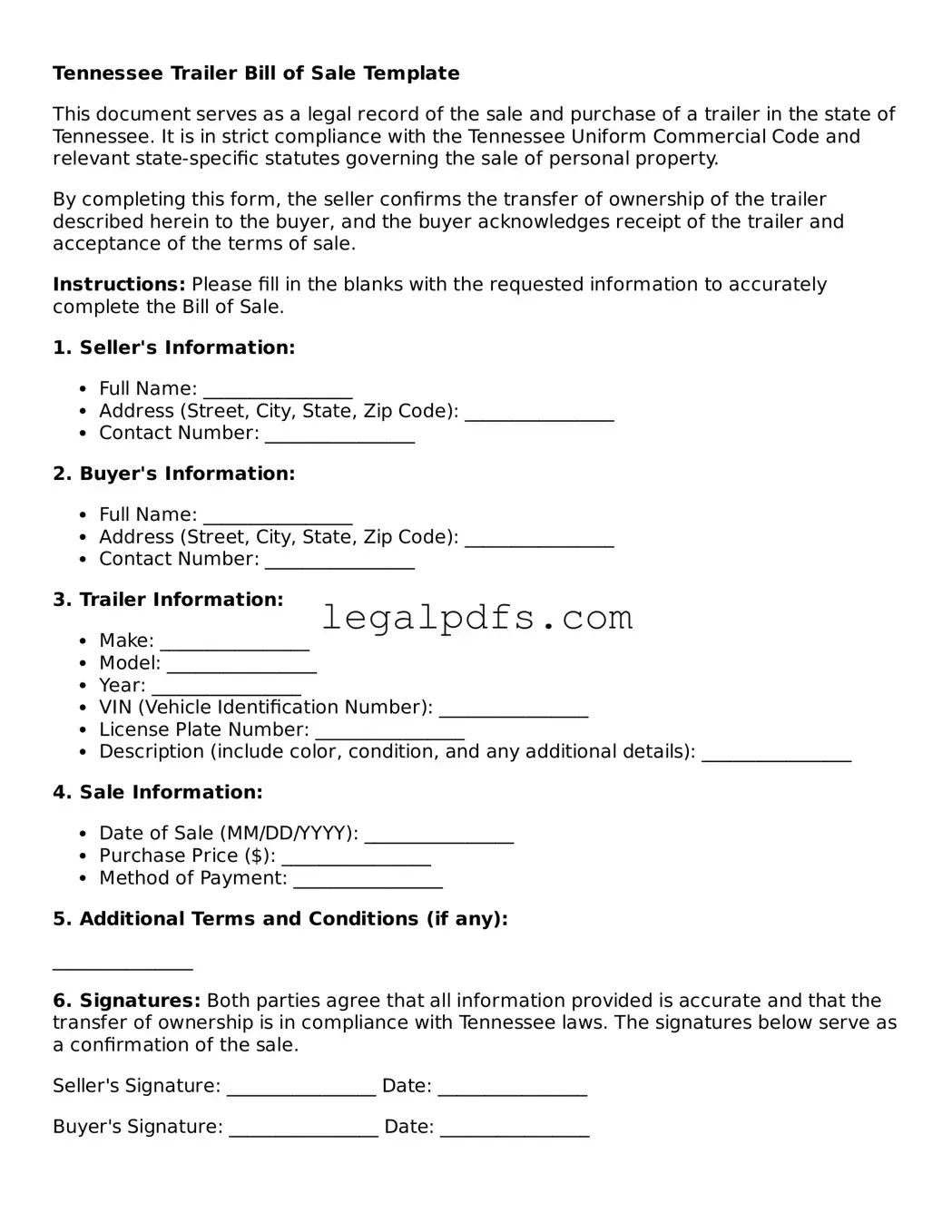 Printable Tennessee Trailer Bill of Sale Form