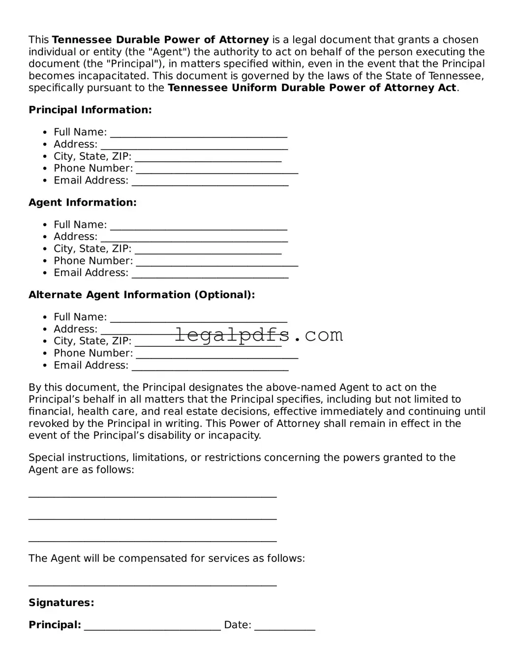 Printable Tennessee Durable Power of Attorney Form