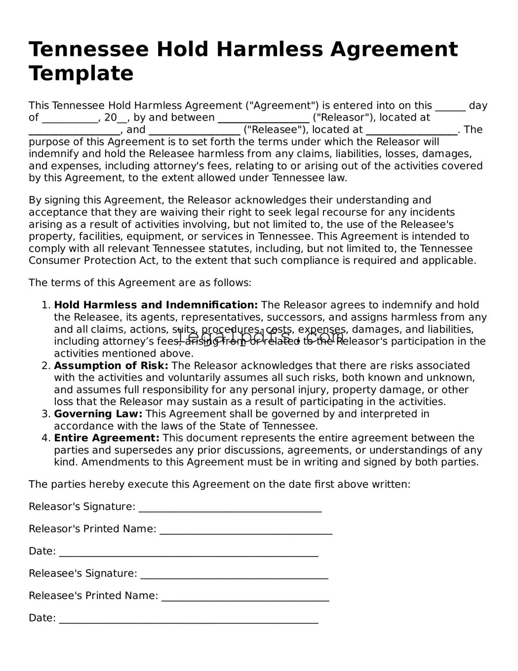 Printable Tennessee Hold Harmless Agreement Form