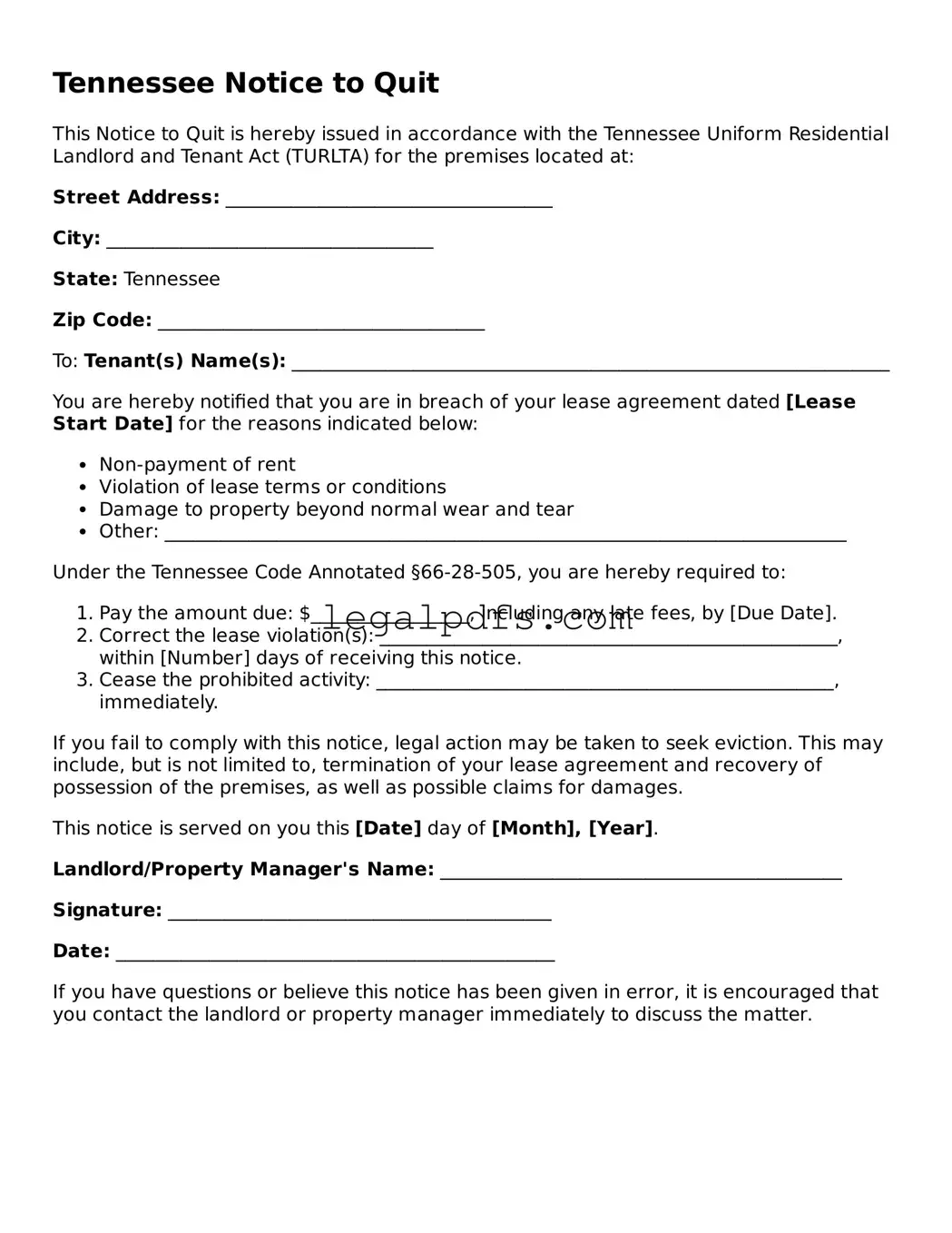 Printable Tennessee Notice to Quit Form