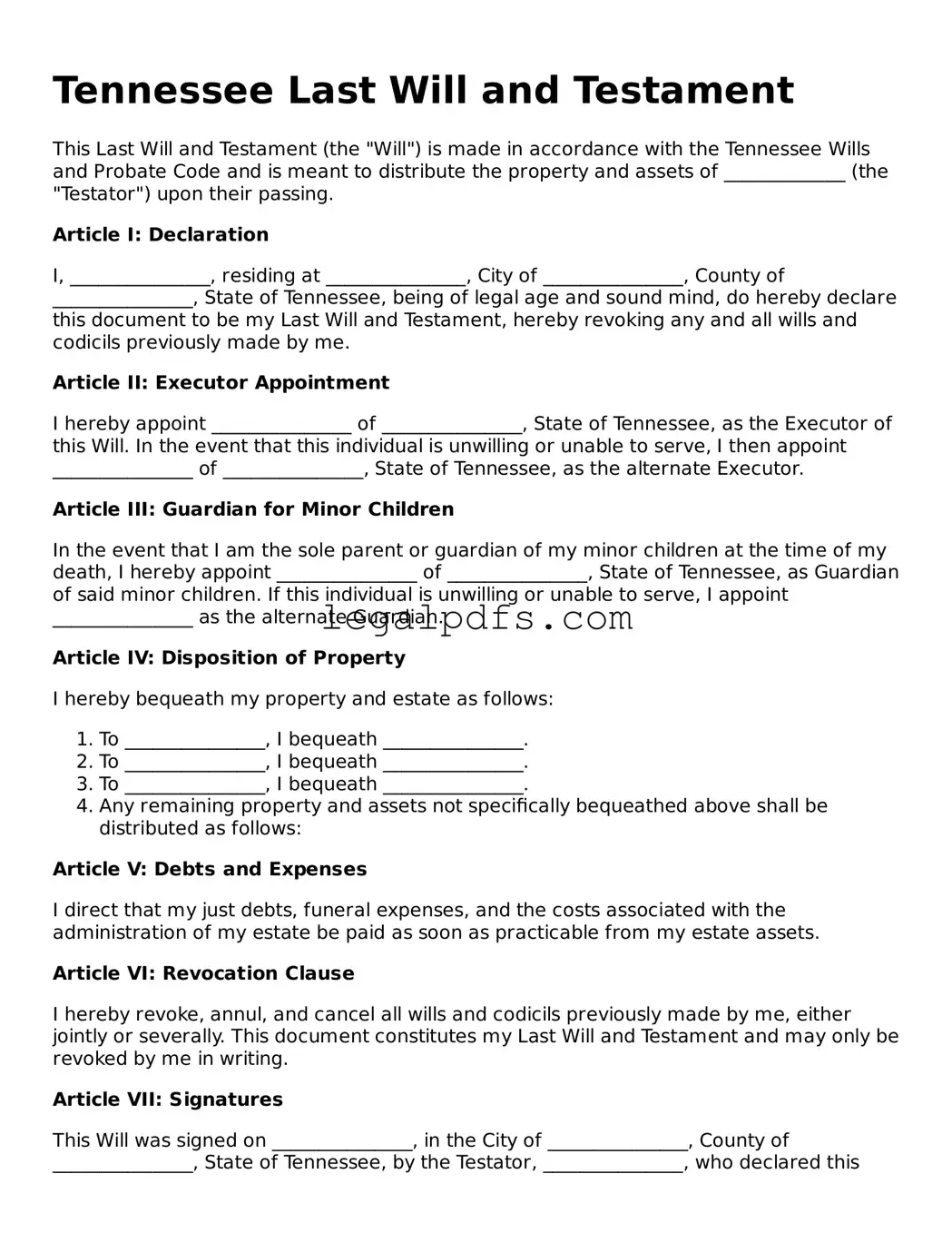 Printable Tennessee Last Will and Testament Form