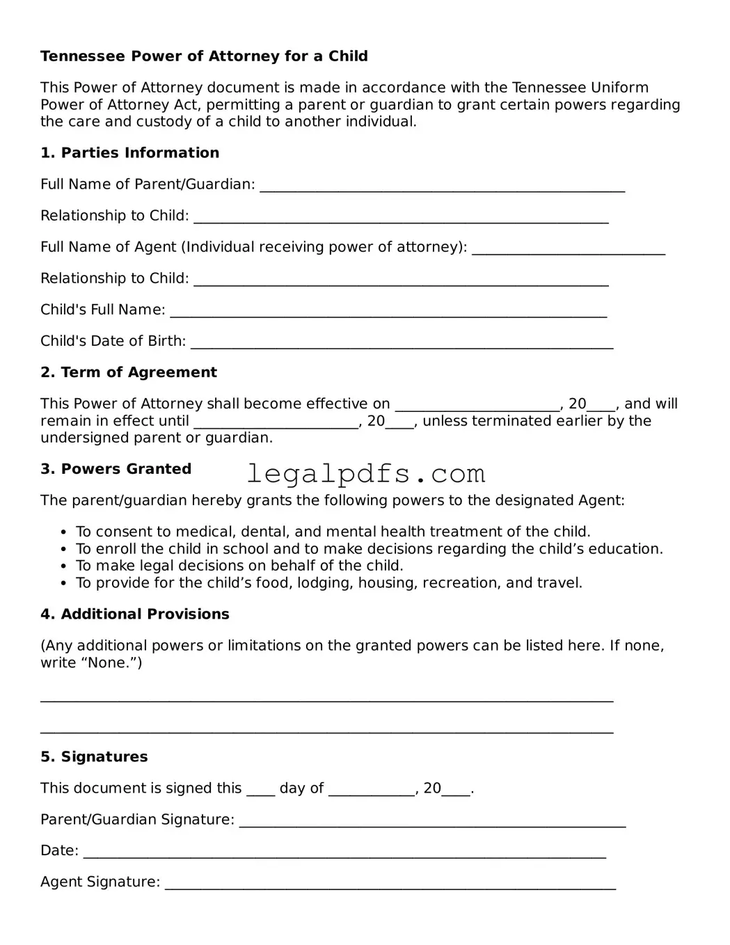 Printable Tennessee Power of Attorney for a Child Form
