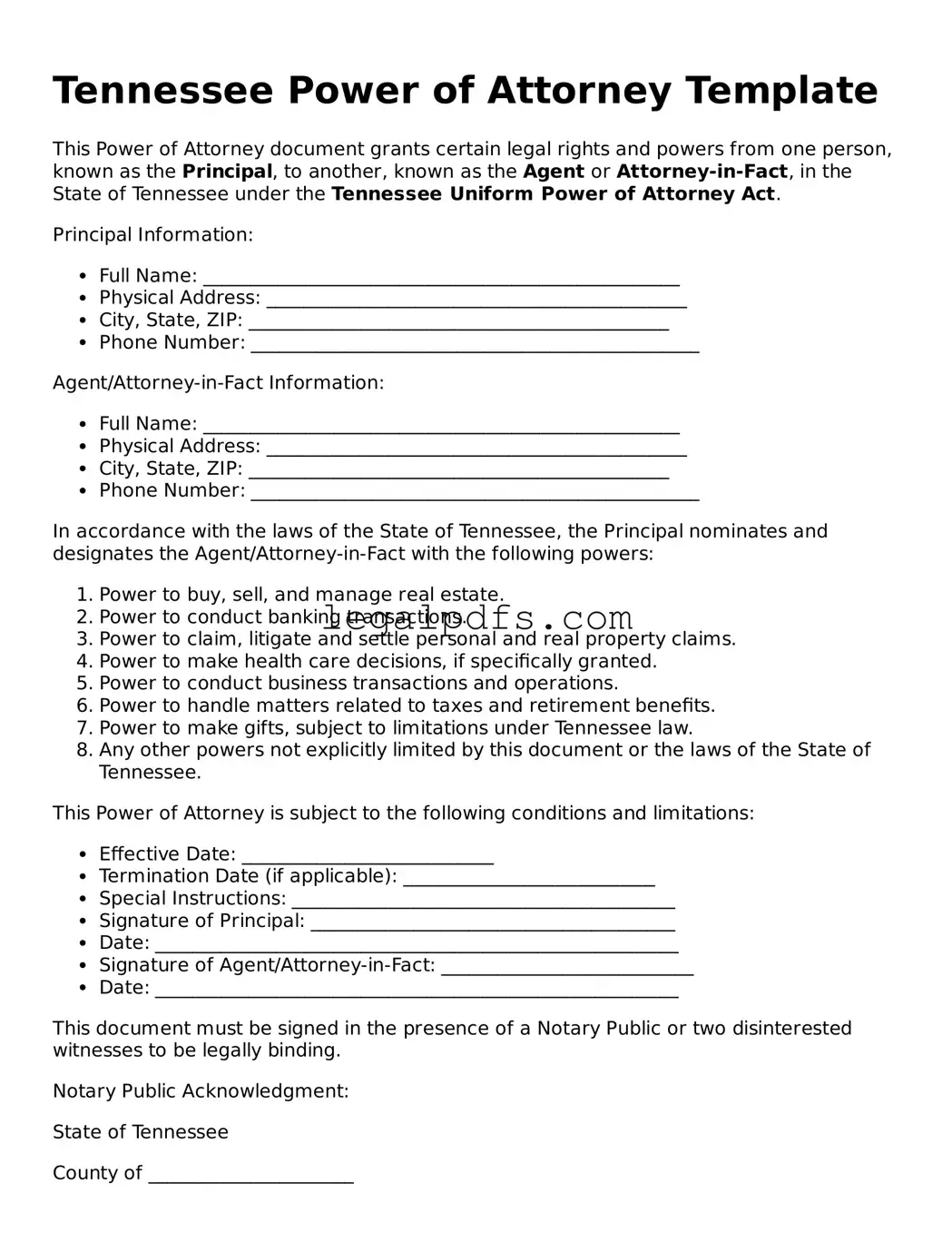 Printable Tennessee Power of Attorney Form
