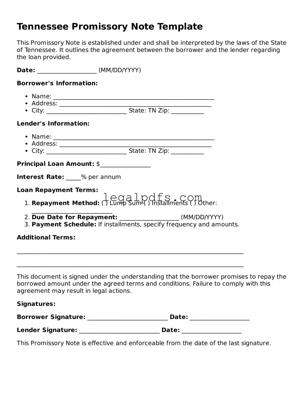 Printable Tennessee Promissory Note Form