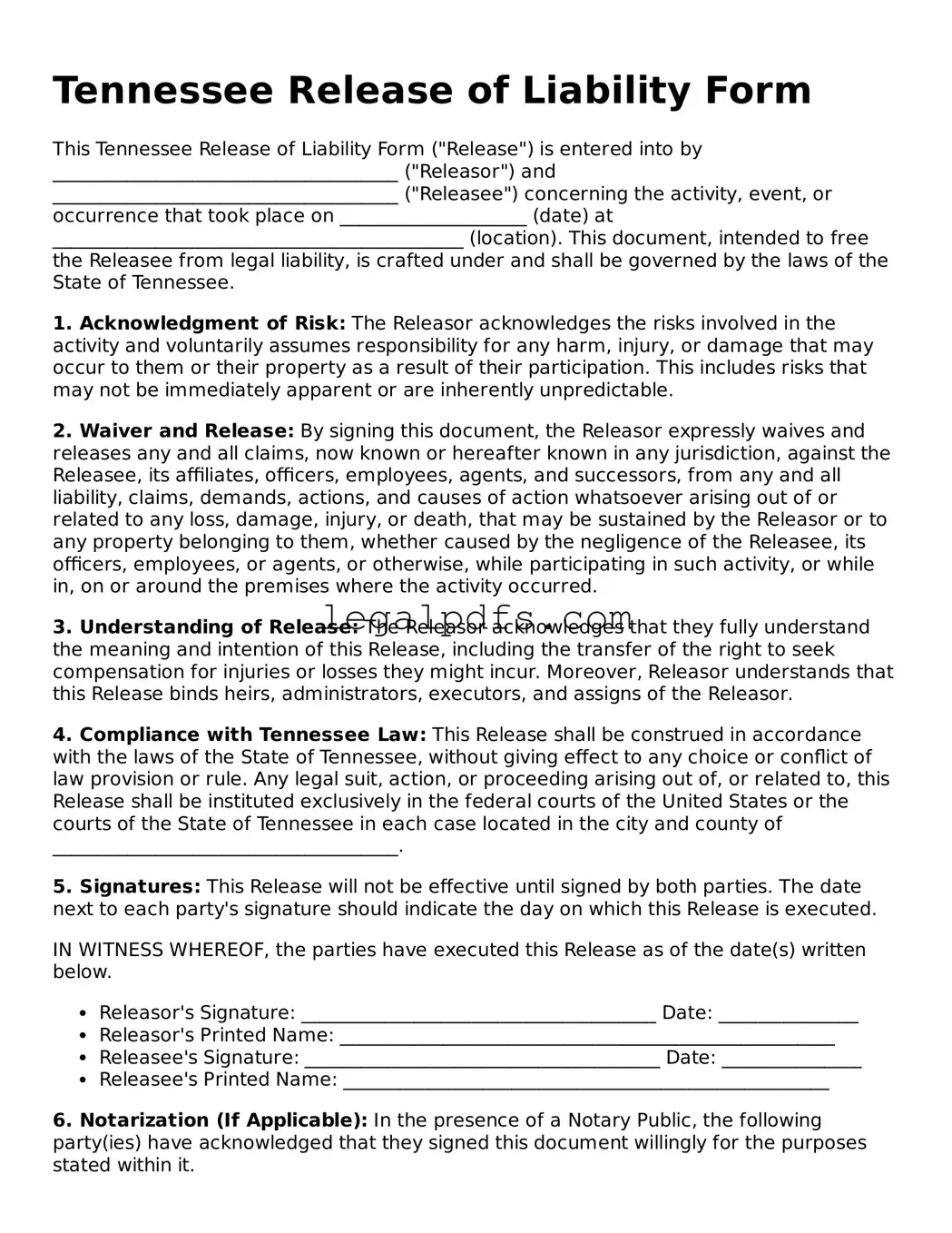 Printable Tennessee Release of Liability Form