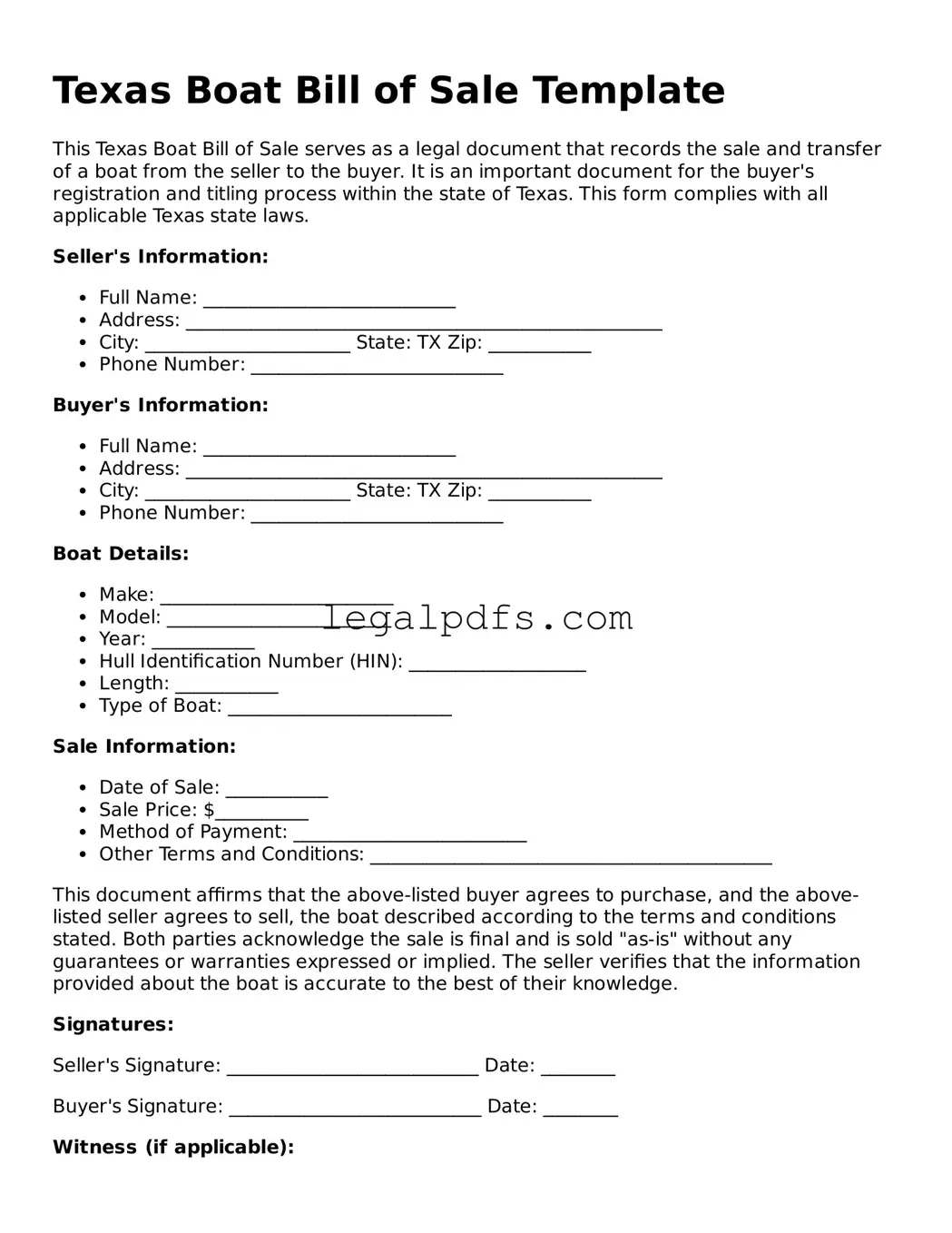 Printable Texas Boat Bill of Sale Form