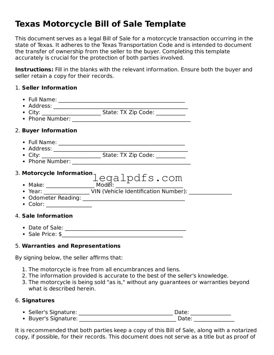 Printable Texas Motorcycle Bill of Sale Form