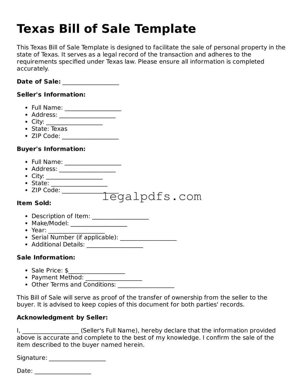 Printable Texas Bill of Sale Form