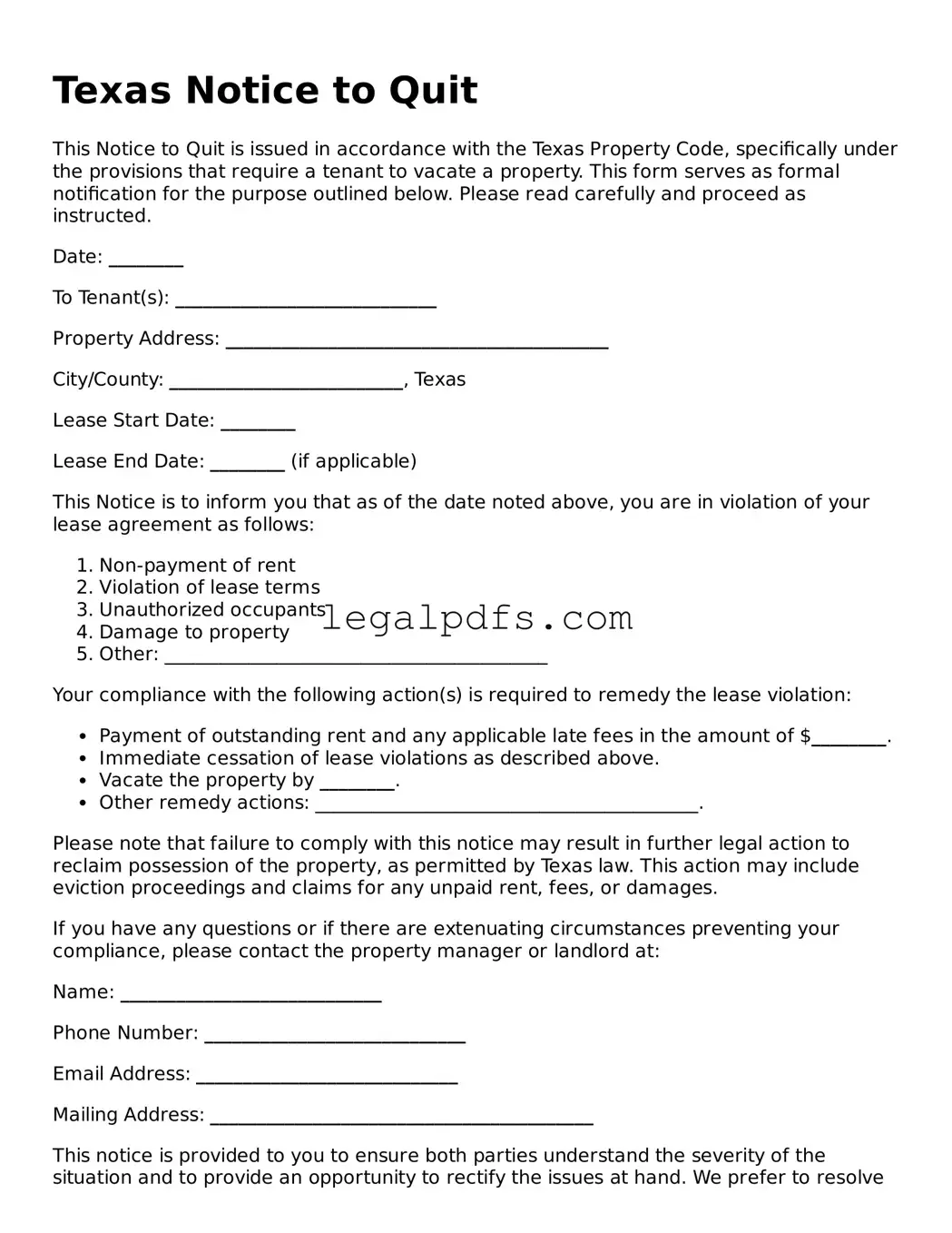 Printable Texas Notice to Quit Form