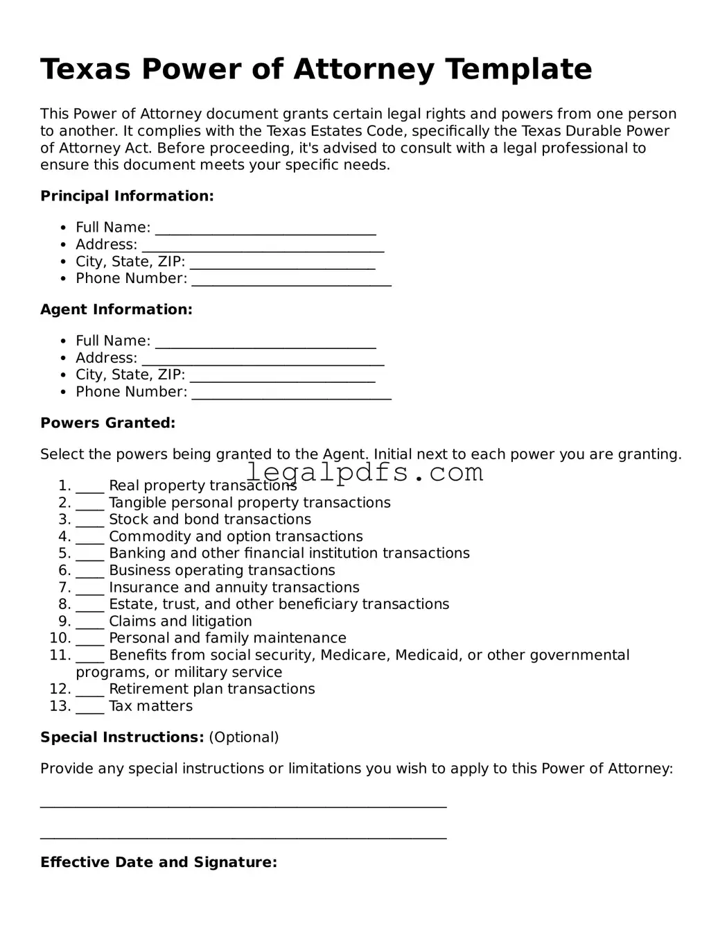Printable Texas Power of Attorney Form