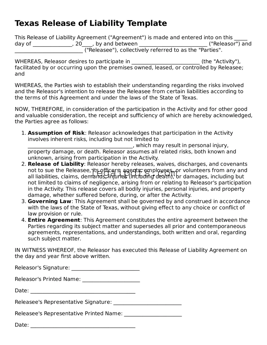Printable Texas Release of Liability Form
