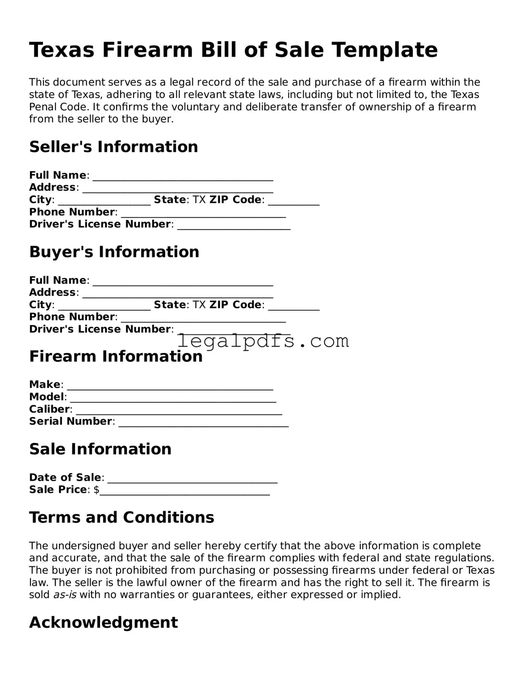 Printable Texas Firearm Bill of Sale Form